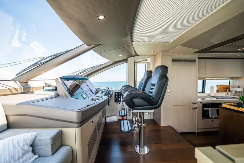 Do It Anyway Yacht Photos Pics Luxurious interior of 2018 Sunseeker 76 Yacht with modern helm and seating.
