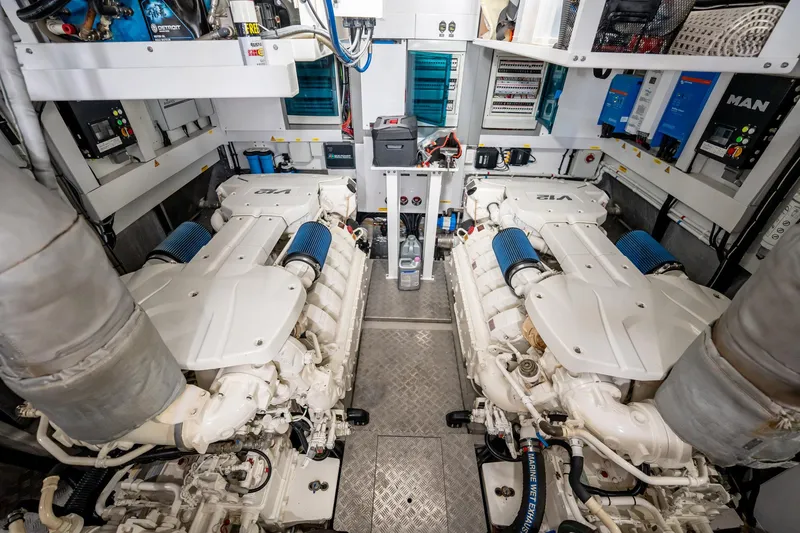 Do It Anyway Yacht Photos Pics Engine room of 2018 Sunseeker 76 Yacht with dual V12 engines and advanced equipment.