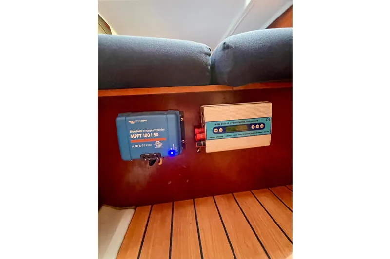 Further Yacht Photos Pics MPPT charge controllers on 2005 Beneteau Oceanis 473 yacht, wooden interior.