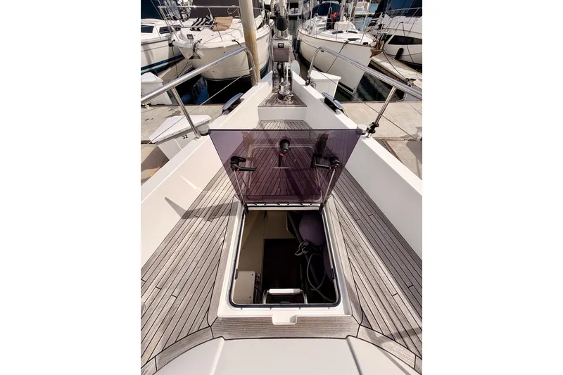 Cross Wind Yacht Photos Pics Deck view of 2016 Moody Decksaloon 54 yacht with open hatch.