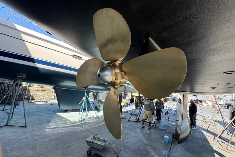 Cross Wind Yacht Photos Pics Propeller of 2016 Moody Decksaloon 54 yacht in dry dock maintenance.
