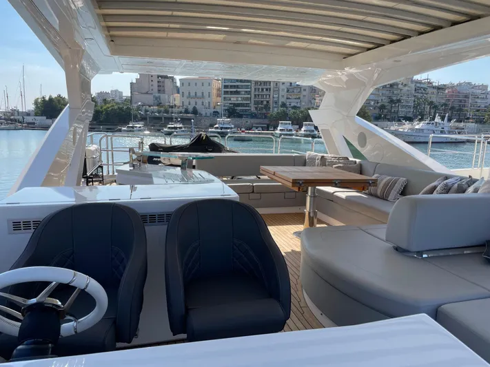  Yacht Photos Pics Luxurious 2019 Sunseeker 76 Yacht interior with elegant seating and scenic marina view.