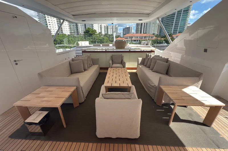 Mr. D Yacht Photos Pics Luxurious 2015 Benetti 140 yacht deck with elegant seating and cityscape view.