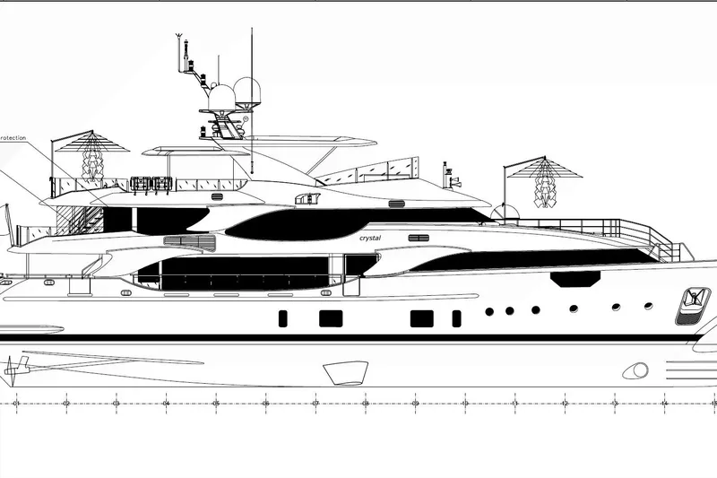 Mr. D Yacht Photos Pics Side view blueprint of a 2015 Benetti 140 yacht, showcasing detailed design elements.
