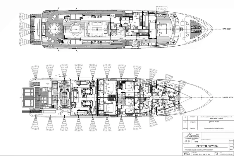 Mr. D Yacht Photos Pics Blueprint of 2015 Benetti 140 yacht, showcasing main and lower deck layouts.