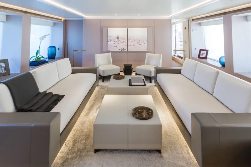 Mr. D Yacht Photos Pics Luxurious interior of 2015 Benetti 140 yacht with elegant seating and modern decor.