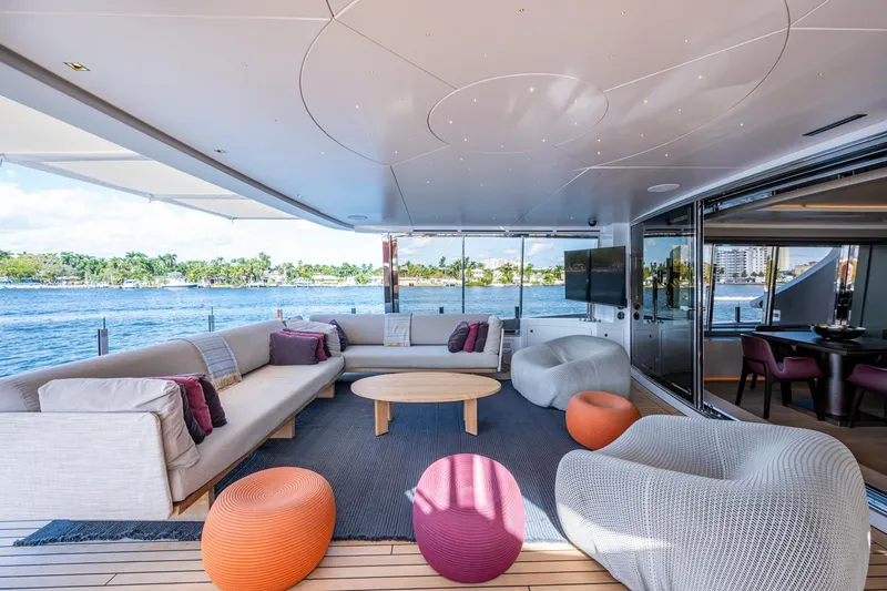 Mr. D Yacht Photos Pics Luxurious 2015 Benetti 140 yacht interior with modern seating and ocean view.