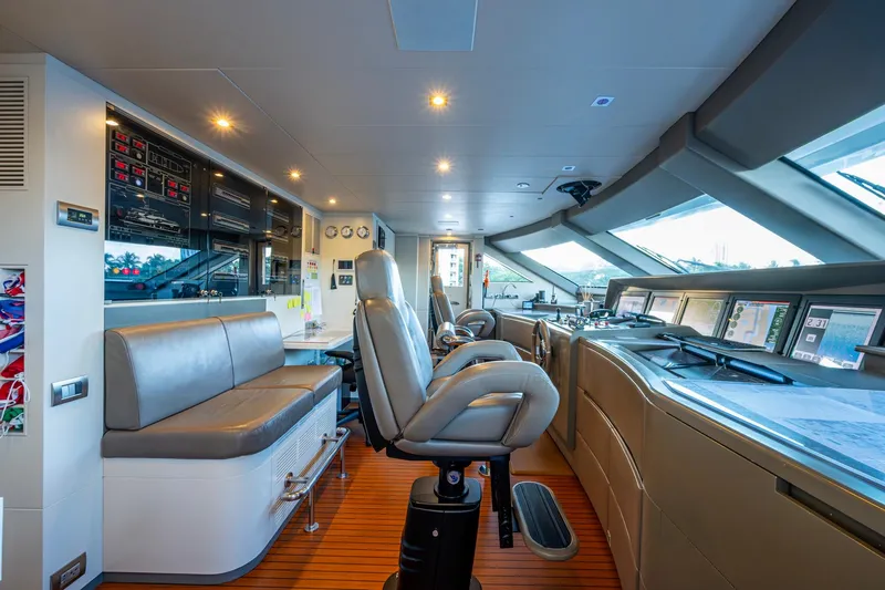 Mr. D Yacht Photos Pics Luxurious Benetti 140 yacht bridge interior with modern navigation equipment, 2015 model.