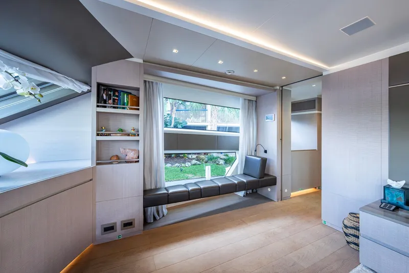 Mr. D Yacht Photos Pics Luxurious interior of 2015 Benetti 140 yacht with modern seating and elegant decor.