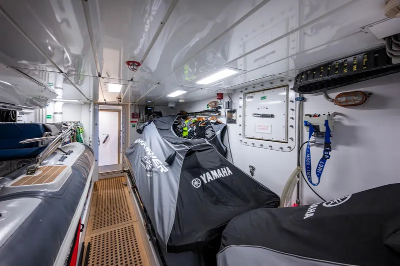 Mr. D Yacht Photos Pics Interior of 2015 Benetti 140 yacht with Yamaha equipment and storage area.