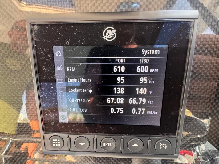  Yacht Photos Pics Display screen showing engine metrics of 2023 Aquila 32 Sport boat.