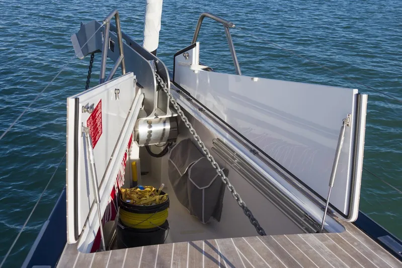 Dark Horse Yacht Photos Pics Nautor Swan 80 FD yacht deck, anchor chain, and storage area, 2013 model.