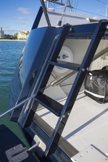 Dark Horse Yacht Photos Pics Nautor Swan 80 FD yacht, 2013 model, featuring a sleek deck and ladder.