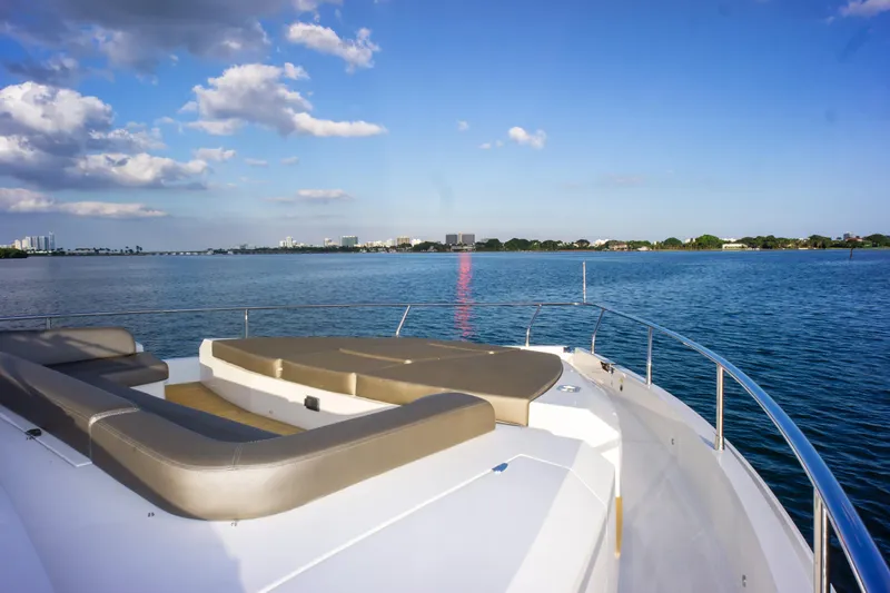  Yacht Photos Pics Luxury Pearl 80 yacht deck with scenic ocean view, 2020 model.