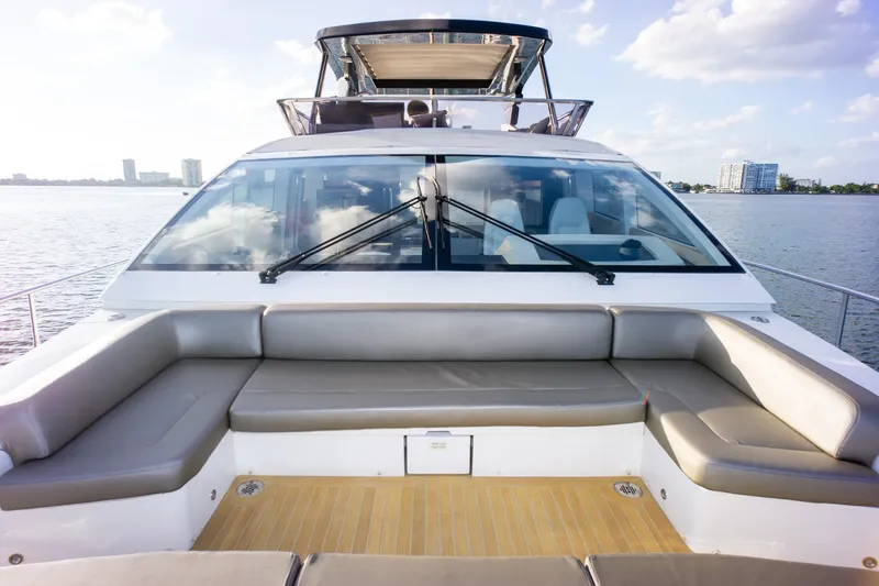  Yacht Photos Pics Luxury Pearl 80 yacht deck with seating, 2020 model, on calm waters.