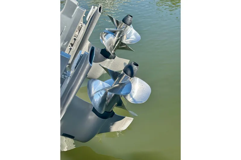 Yacht Photos Pics Propellers of a 2019 Tiara Sport 38 LS boat in water.