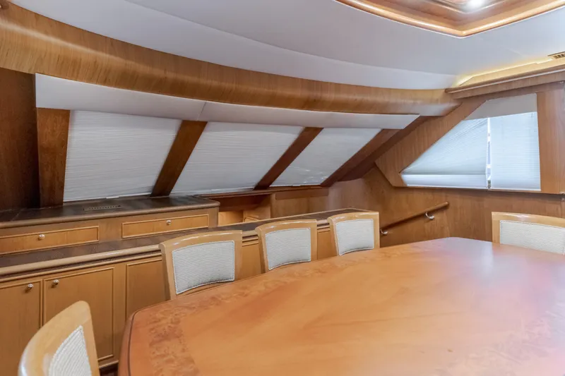 Rising Tide Yacht Photos Pics Luxurious interior of 1997 Forbes Cooper Pilothouse yacht with elegant wood finishes.