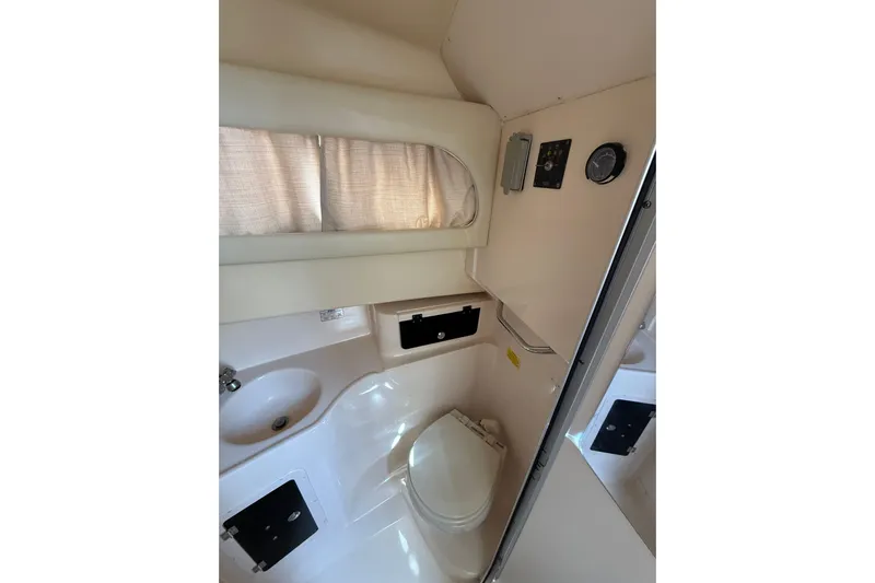  Yacht Photos Pics 2009 Grady-White Marlin 300 boat bathroom interior with sink and toilet.