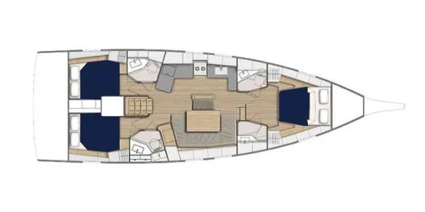 Aita Pea Pea III Yacht Photos Pics Floor plan of 2020 Beneteau Oceanis 46.1 sailboat, featuring spacious cabins and living area.