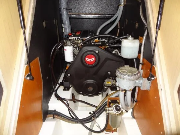 Aita Pea Pea III Yacht Photos Pics Engine compartment of 2020 Beneteau Oceanis 46.1 sailboat, showcasing mechanical components.