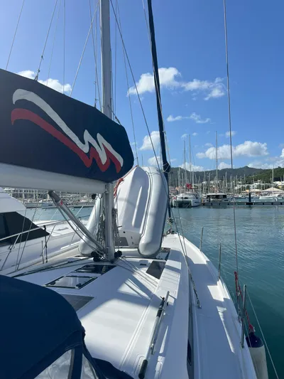 Aita Pea Pea III Yacht Photos Pics Beneteau Oceanis 46.1 sailboat docked in marina, 2020 model, sunny day.