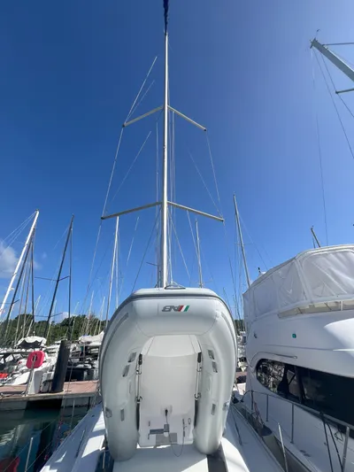 Aita Pea Pea III Yacht Photos Pics Beneteau Oceanis 46.1 sailboat, 2020 model, docked with inflatable dinghy on deck.