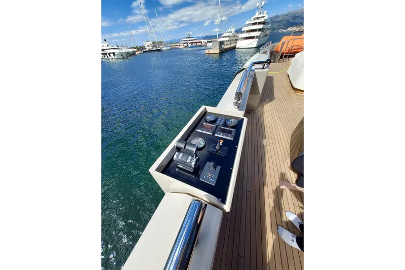  Yacht Photos Pics Luxury yacht Benetti B.NOW 2022 control panel on deck, docked in marina.