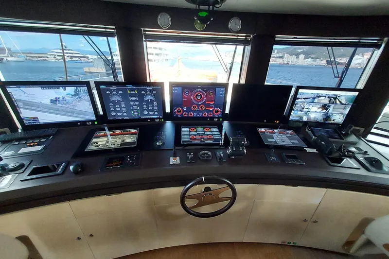  Yacht Photos Pics Control room of 2022 Benetti B.NOW yacht with advanced navigation systems and multiple screens.