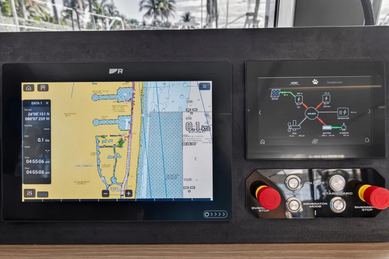  Yacht Photos Pics Navigation and control panel of Leopard 46 yacht, 2025 model, displaying maps and system status.