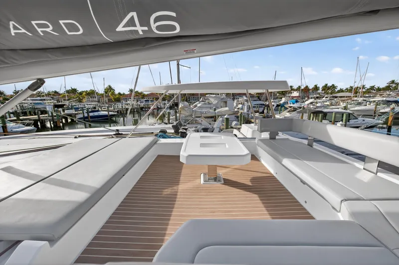  Yacht Photos Pics Modern Leopard 46 yacht deck, 2025 model, featuring sleek seating and marina view.