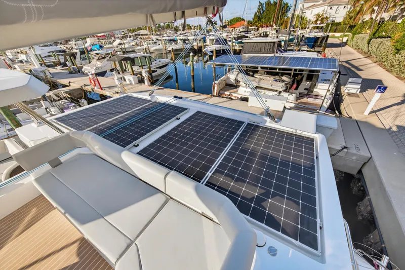  Yacht Photos Pics Solar panels on Leopard 46 yacht, docked at marina, 2025 model.