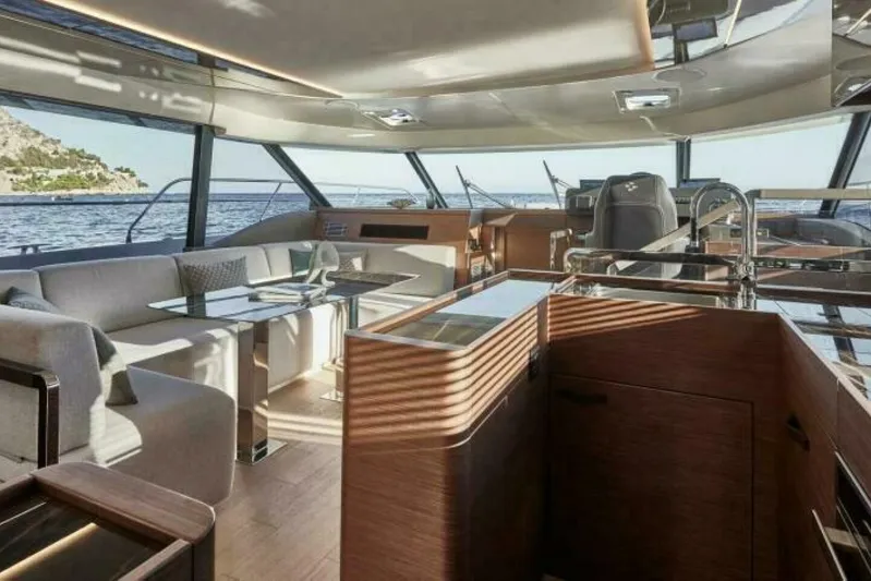 New 2026 Prestige M48 Multihull Yacht Photos Pics Luxurious interior of 2026 Prestige M48 yacht with modern furnishings and panoramic sea views.