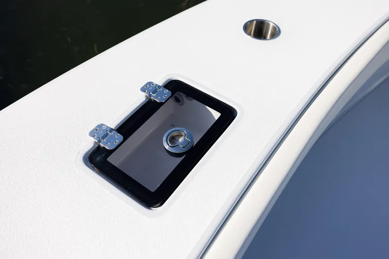  Yacht Photos Pics Hatch detail on 2025 Conch 33 boat deck with stainless steel hinges.