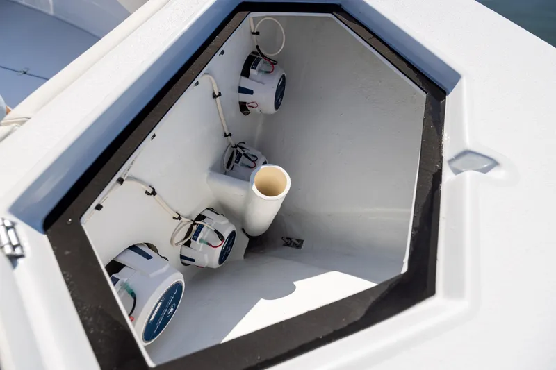  Yacht Photos Pics 2025 Conch 33 boat compartment with installed marine speakers.