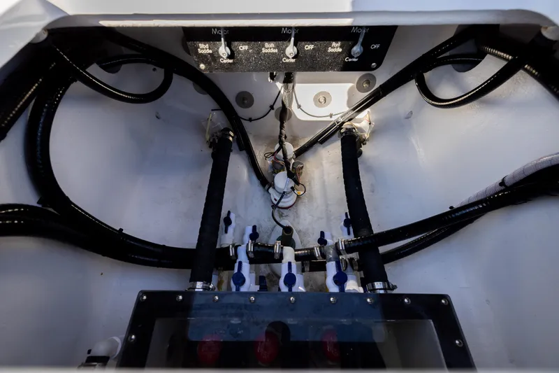  Yacht Photos Pics Engine compartment of 2025 Conch 33 boat with visible wiring and controls.