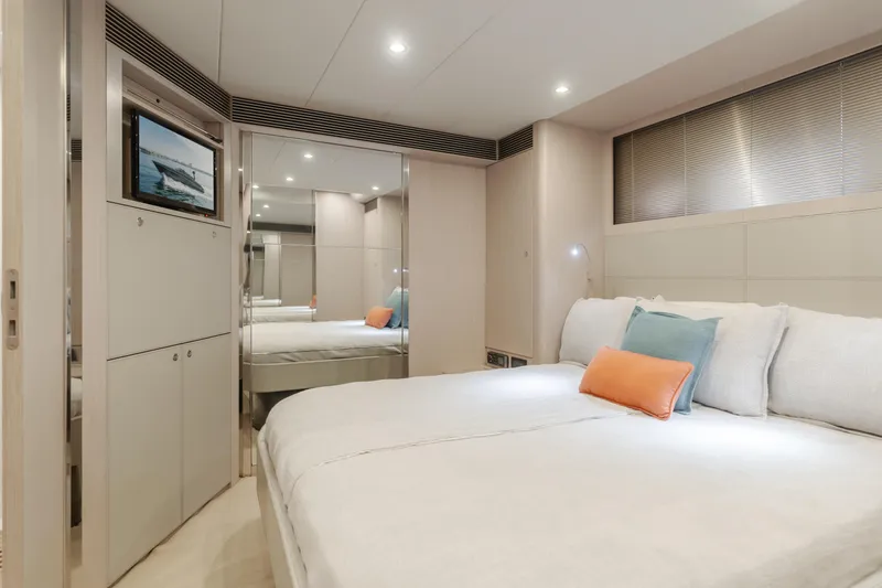 Pergola Yacht Photos Pics Luxurious bedroom interior of 2016 Riva 63 Virtus yacht with modern decor.