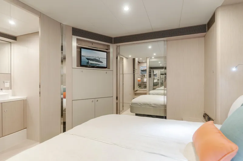 Pergola Yacht Photos Pics Luxurious cabin interior of 2016 Riva 63 Virtus yacht with modern decor and amenities.