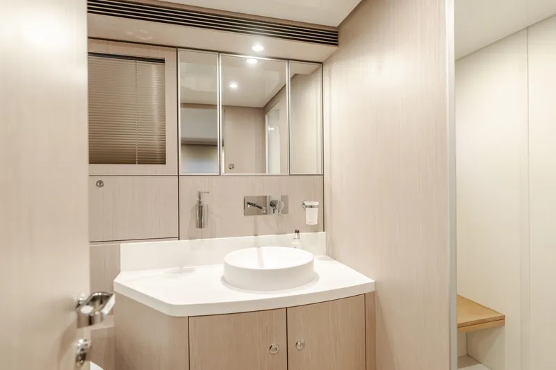 Pergola Yacht Photos Pics Luxurious bathroom interior of 2016 Riva 63 Virtus yacht with modern fixtures.