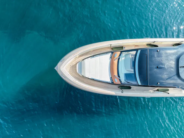  Yacht Photos Pics Aerial view of 2020 Invictus TT460 yacht on clear blue water.