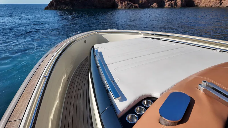  Yacht Photos Pics Invictus TT460 yacht deck, 2020 model, with luxurious seating and ocean view.