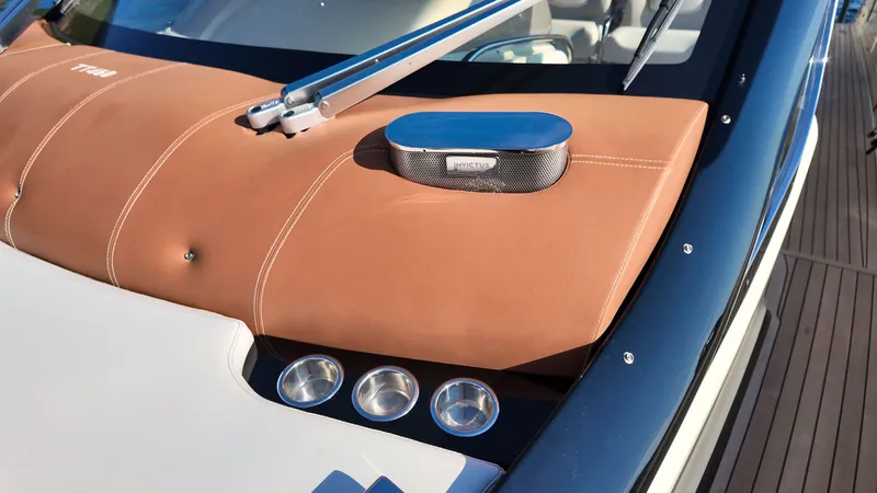  Yacht Photos Pics Invictus TT460 yacht dashboard with leather detailing and chrome accents, 2020 model.