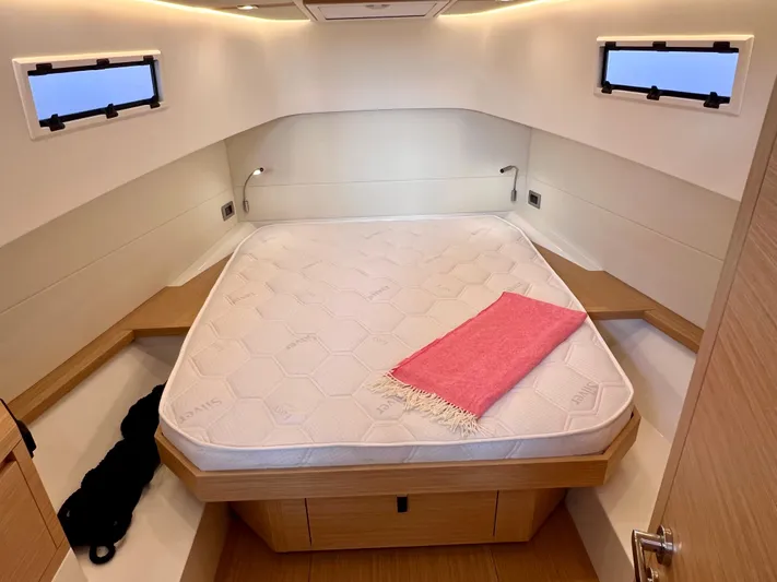  Yacht Photos Pics 2024 Pardo Yachts P38 cabin interior with bed and windows.