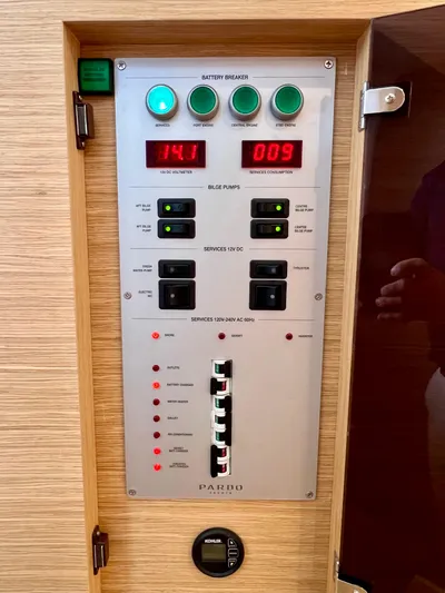  Yacht Photos Pics Control panel of 2024 Pardo Yachts P38, featuring switches and digital displays.