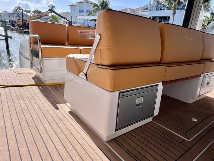  Yacht Photos Pics 2024 Pardo Yachts P38 interior with tan seating and sleek design.