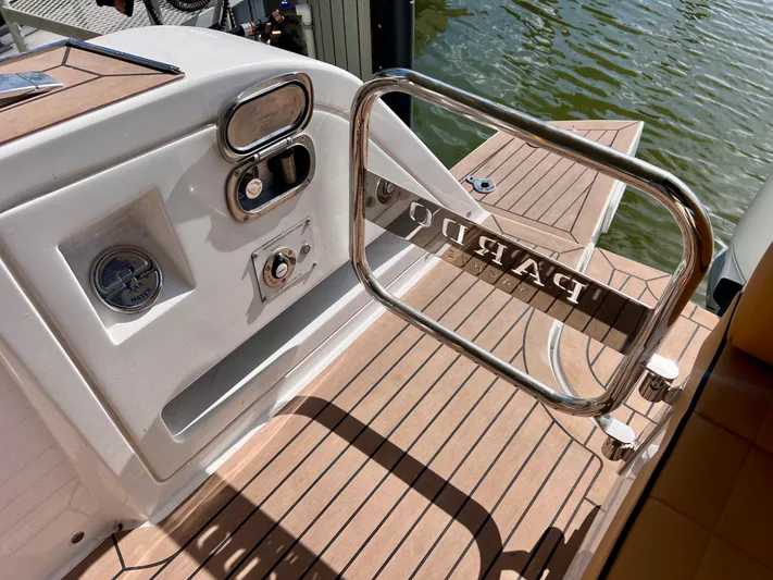  Yacht Photos Pics 2024 Pardo Yachts P38 deck with teak flooring and stainless steel railing.
