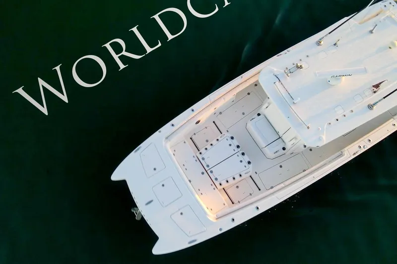  Yacht Photos Pics Aerial view of 2022 World Cat 400 CC-X boat on water.