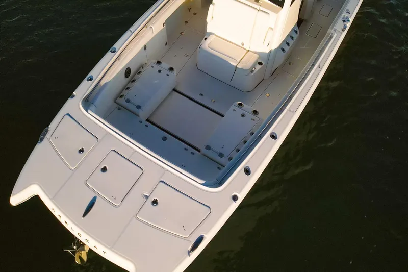  Yacht Photos Pics 2022 World Cat 400 CC-X boat, aerial view, spacious deck, sleek design.