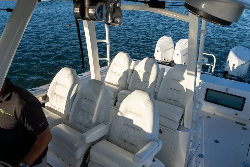  Yacht Photos Pics Luxury seating on 2022 World Cat 400 CC-X boat with Mercury engines.