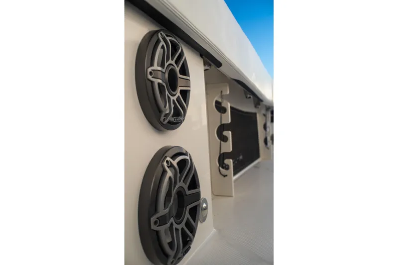  Yacht Photos Pics 2022 World Cat 400 CC-X boat speakers and storage compartment detail.