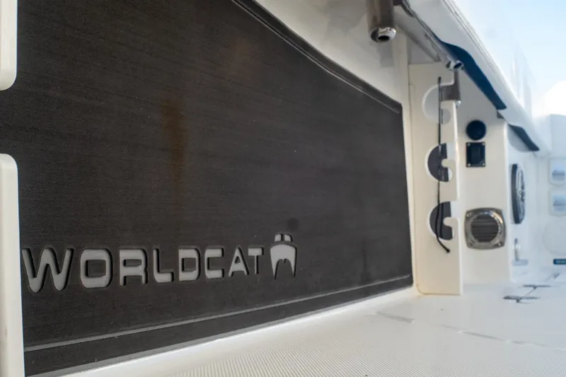  Yacht Photos Pics 2022 World Cat 400 CC-X boat interior with logo and equipment details.